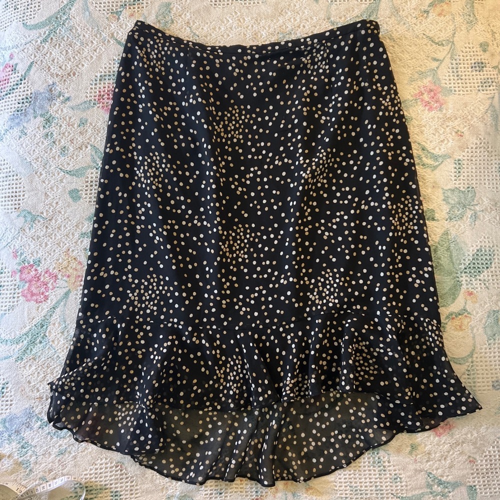 Talbots Petites 100% Silk Polka Dot Ruffle High Low Midi Skirt Black Polka Sz 16